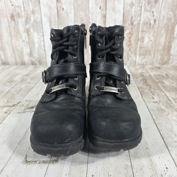 Harley Davidson Womens Black Leather Biker Boots D84424 Lace Up Side Zip Size 7M - Picture 4 of 8